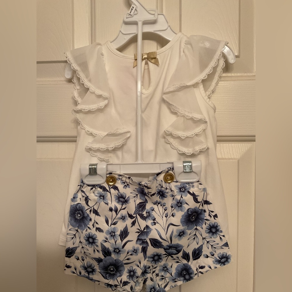 Shabby Chic White Ruffle Top & Blue Floral Short Set